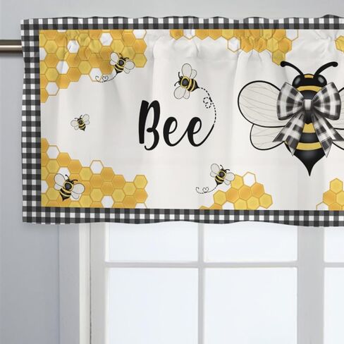 Bee Honeycomb Kitchen Window Valance Curtains Retro Bees Bows Black White Buffalo Plaid Window Treatments Spring Summer Farmhouse Short Curtain Valances for Bedroom Bathroom Rod Pocket 54"x18" 1 Pack in Saudi Arabia
