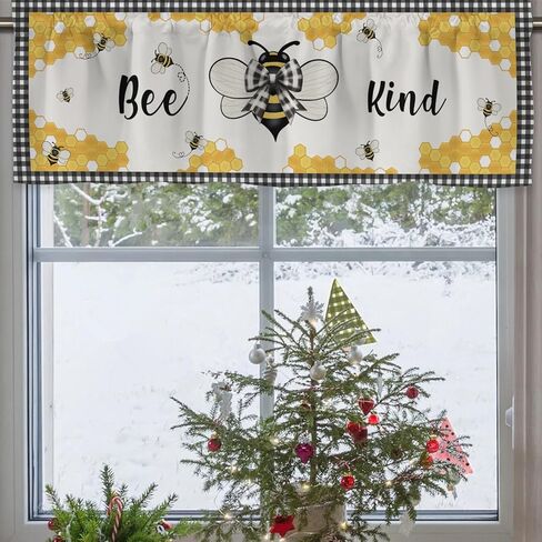 Bee Honeycomb Kitchen Window Valance Curtains Retro Bees Bows Black White Buffalo Plaid Window Treatments Spring Summer Farmhouse Short Curtain Valances for Bedroom Bathroom Rod Pocket 54"x18" 1 Pack in Saudi Arabia