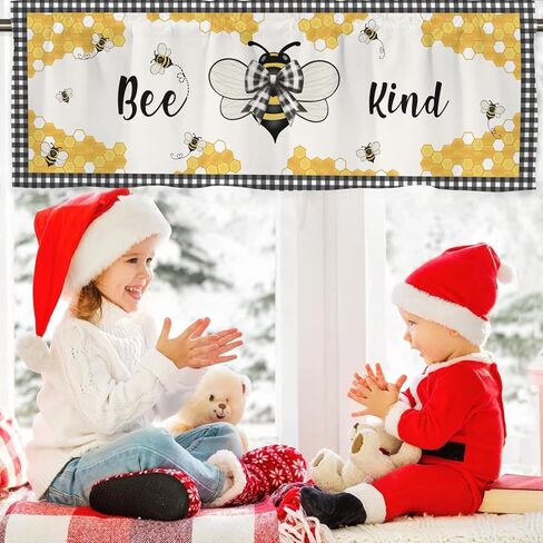 Bee Honeycomb Kitchen Window Valance Curtains Retro Bees Bows Black White Buffalo Plaid Window Treatments Spring Summer Farmhouse Short Curtain Valances for Bedroom Bathroom Rod Pocket 54"x18" 1 Pack in Saudi Arabia