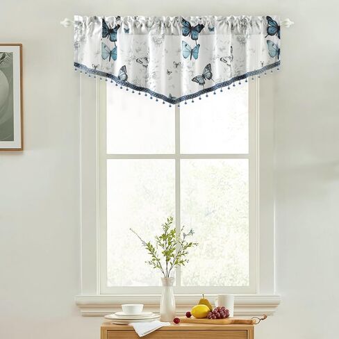 Leeva Blue Butterfly Valances for Windows - Farmhouse Floral Print Voile with Crystal Bead Trim, Elegant Rod Pocket Valance for Living Room & Cafe, 52" W x 16" L in Kuwait