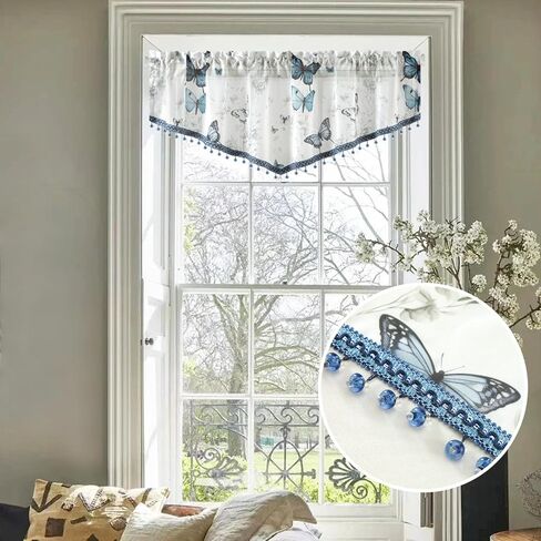 Leeva Blue Butterfly Valances for Windows - Farmhouse Floral Print Voile with Crystal Bead Trim, Elegant Rod Pocket Valance for Living Room & Cafe, 52" W x 16" L in Kuwait