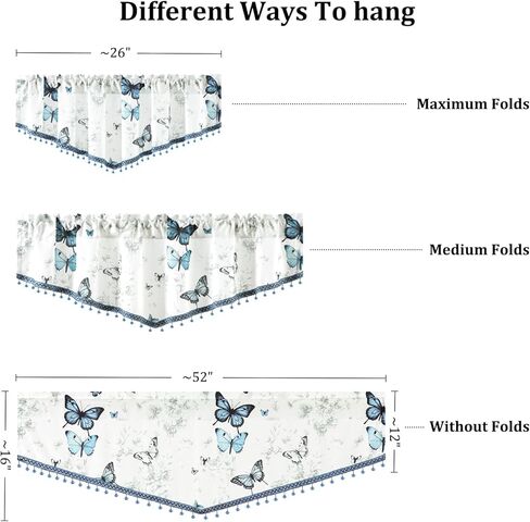 Leeva Blue Butterfly Valances for Windows - Farmhouse Floral Print Voile with Crystal Bead Trim, Elegant Rod Pocket Valance for Living Room & Cafe, 52" W x 16" L in Kuwait