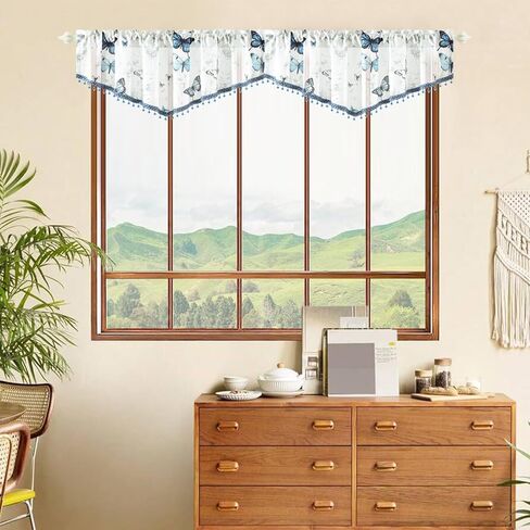 Leeva Blue Butterfly Valances for Windows - Farmhouse Floral Print Voile with Crystal Bead Trim, Elegant Rod Pocket Valance for Living Room & Cafe, 52" W x 16" L in Kuwait