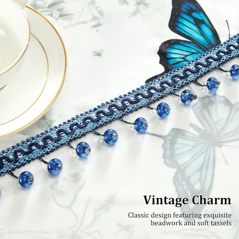 Leeva Blue Butterfly Valances for Windows - Farmhouse Floral Print Voile with Crystal Bead Trim, Elegant Rod Pocket Valance for Living Room & Cafe, 52" W x 16" L in Kuwait