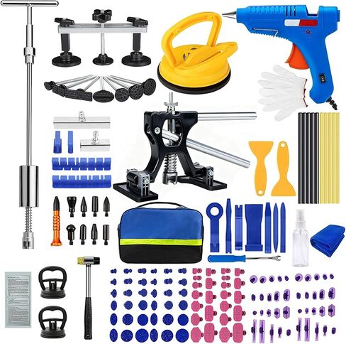 مجموعة أدوات سحب دنت - 157 قطعة أداة سحب دنت السيارة لإزالة دنت السيارة، مجموعة إزالة دنت بدون طلاء مع أداة سحب جسر مطرقة على شكل حرف T، طقم إصلاح دنت لإصلاح 98% من خدوش هيكل السيارة in Kuwait