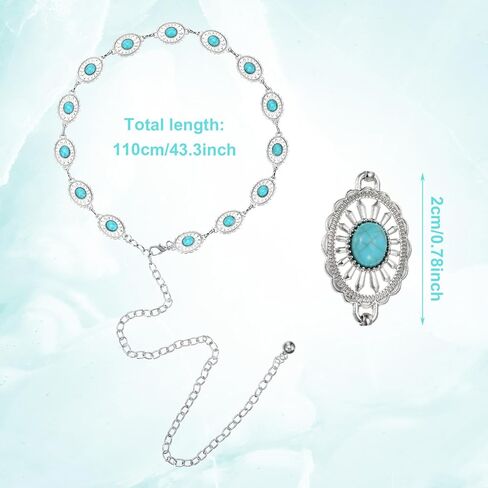 Turquoise Belts, Women Metal Waist Chains Belt Silver Western Chain Belt, Oval Round Flower Adjustable Chain for Women Dresses Jeans in Saudi Arabia