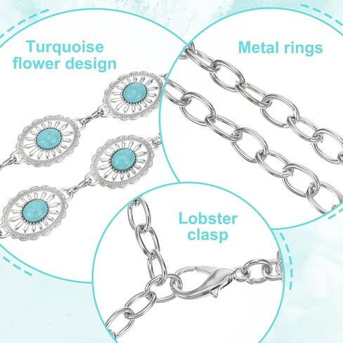 Turquoise Belts, Women Metal Waist Chains Belt Silver Western Chain Belt, Oval Round Flower Adjustable Chain for Women Dresses Jeans in Saudi Arabia