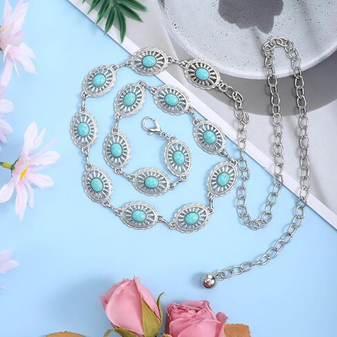 Turquoise Belts, Women Metal Waist Chains Belt Silver Western Chain Belt, Oval Round Flower Adjustable Chain for Women Dresses Jeans in Saudi Arabia