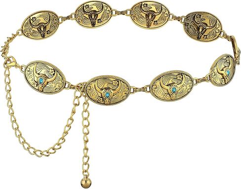 FALETO Western Metal Belts for Women Cowgirl Concho Chain Belt Vintage Boho Waist Chains for Dresses Jeans in Saudi Arabia