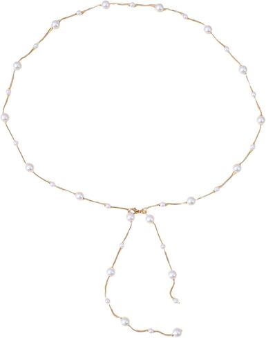 سلسلة حزام اللؤلؤ، حزام اللؤلؤ للفستان، أحزمة سلسلة اللؤلؤ قابلة للتعديل للنساء، شرابة طويلة، أحزمة مطرزة بسيطة أنيقة للنساء الزفاف، ذهبي in Kuwait