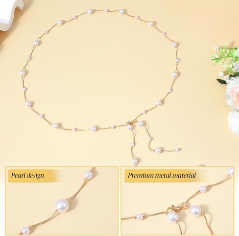 سلسلة حزام اللؤلؤ، حزام اللؤلؤ للفستان، أحزمة سلسلة اللؤلؤ قابلة للتعديل للنساء، شرابة طويلة، أحزمة مطرزة بسيطة أنيقة للنساء الزفاف، ذهبي in Kuwait