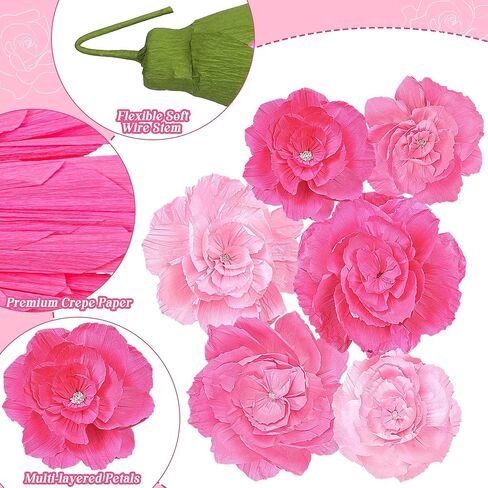 Aneco 6 Pieces Large Paper Artificial Flowers 3D Crepe Tissue Flower Wall Decor for Wedding Birthday Bachelorette Bridal Shower Backdrop Table Centerpieces Party Supplies, Mixed Pink in Saudi Arabia