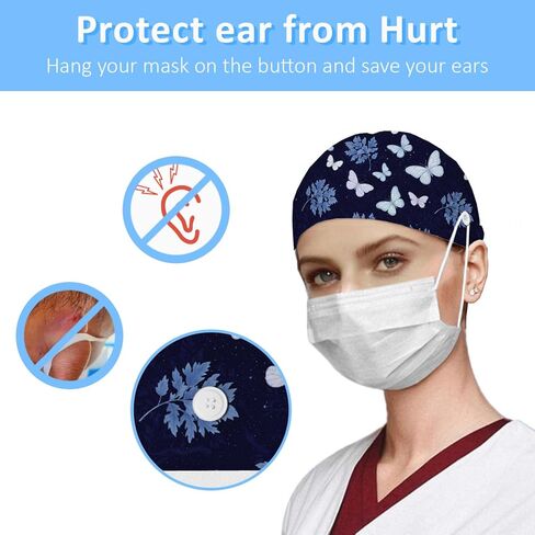 قبعات فرك للنساء على شكل ذيل حصان، قبعات جراحية قابلة للتعديل مع أزرار وعصابة رأس، قبعة منتفخة مع شعر مقصوص، قبعة ممرضة، قبعة عمل، فراشات زرقاء داكنة أوراق ربيعية عتيقة صيفية حالمة in Saudi Arabia