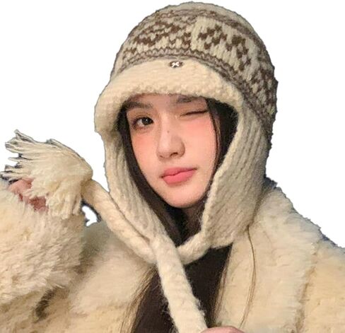 Women's Knitted Earflap Trapper Hat Winter Warm Skull Cap with Braid Tassel Tie Ski Snow Beanie for Outdoor in Kuwait