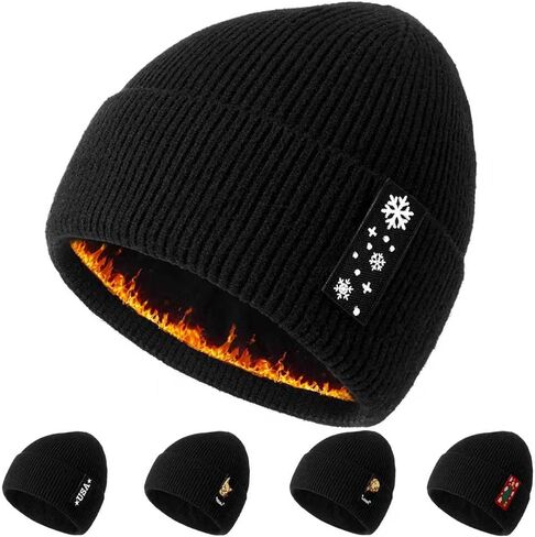 Men's and Women‘s Beanies with Turned-Up Brim Thickened Knit Winter Skull Hat Includes One hat and Five Interchangeable Badges Black in Kuwait