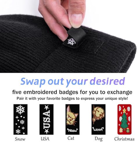 Men's and Women‘s Beanies with Turned-Up Brim Thickened Knit Winter Skull Hat Includes One hat and Five Interchangeable Badges Black in Kuwait