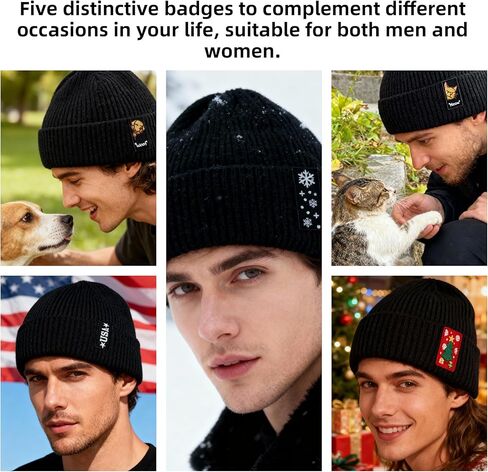 Men's and Women‘s Beanies with Turned-Up Brim Thickened Knit Winter Skull Hat Includes One hat and Five Interchangeable Badges Black in Kuwait
