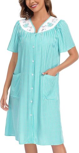 YOZLY Cotton House Dresses for Women Embroidered Nightgowns Housecoat Short Sleeve Duster Robe with Front Pockets S-3XL in Kuwait