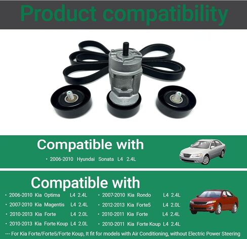 Belt Tensioner With Belt With Idler Pulley Compatible With 2006-2010 Hyundai sonata,2007-2010 Kia Optima,2007-2010 Kia Rondo 2.4L Replacement 25212-25000 in Kuwait