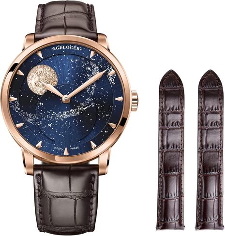 AGELOCER Automatic Watches for Men, Original 3D Moon Phase Mechanical Watch, Starry Sky Dial, Leather Strap Daily Wear Business in Kuwait