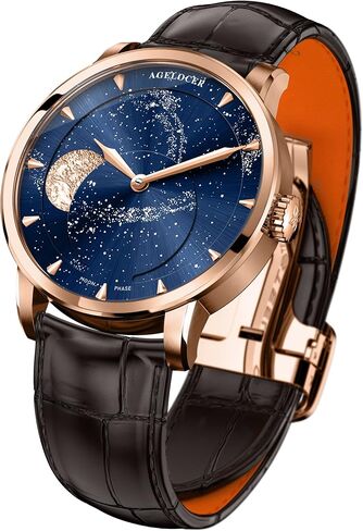 AGELOCER Automatic Watches for Men, Original 3D Moon Phase Mechanical Watch, Starry Sky Dial, Leather Strap Daily Wear Business in Kuwait