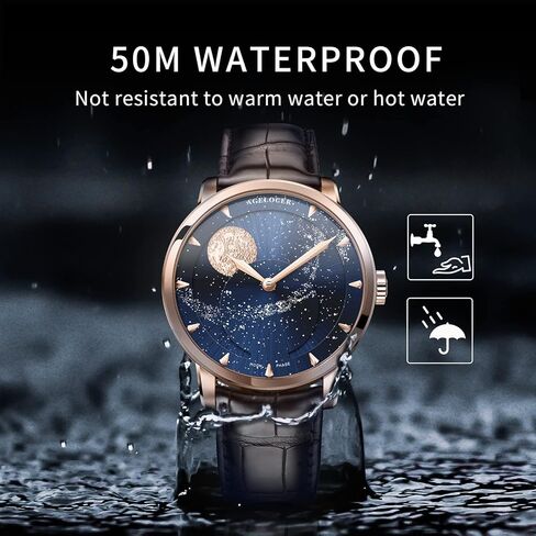 AGELOCER Automatic Watches for Men, Original 3D Moon Phase Mechanical Watch, Starry Sky Dial, Leather Strap Daily Wear Business in Kuwait