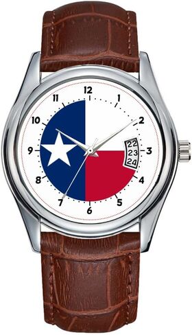 Men Watch Casual Waterproof Quartz Watches Clock Date Classic Business Brown Leather Christmas Wristwatch Texas Flag, American State Flag Wristwatch in Saudi Arabia