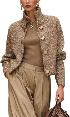 chouyatou Women's Stand Up Collar Cropped Cardigan Coats Button Down Short Chunky Sweater Jacket Outerwear in Saudi Arabia
