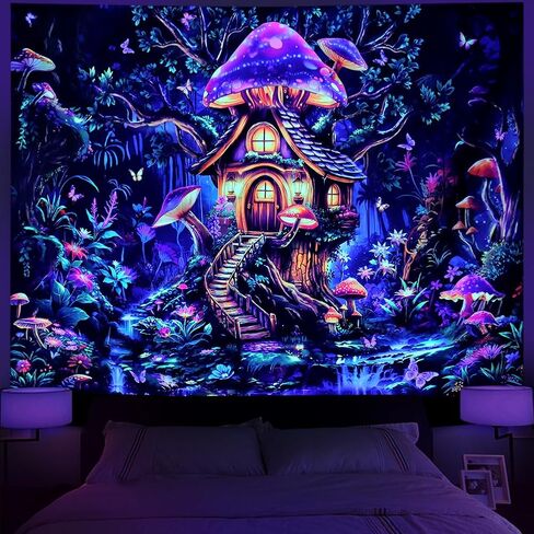 Serborlur Blacklight الفطر نسيج الأشعة فوق البنفسجية رد الفعل الخيال شجرة الغابات الجدار شنقا النيون الزهور النباتية المفروشات المناظر الطبيعية السحرية توهج في الظلام خلفية نسيج لغرفة النوم in Kuwait