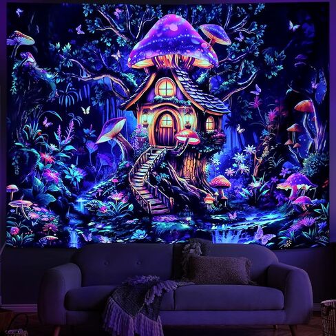 Serborlur Blacklight الفطر نسيج الأشعة فوق البنفسجية رد الفعل الخيال شجرة الغابات الجدار شنقا النيون الزهور النباتية المفروشات المناظر الطبيعية السحرية توهج في الظلام خلفية نسيج لغرفة النوم in Kuwait