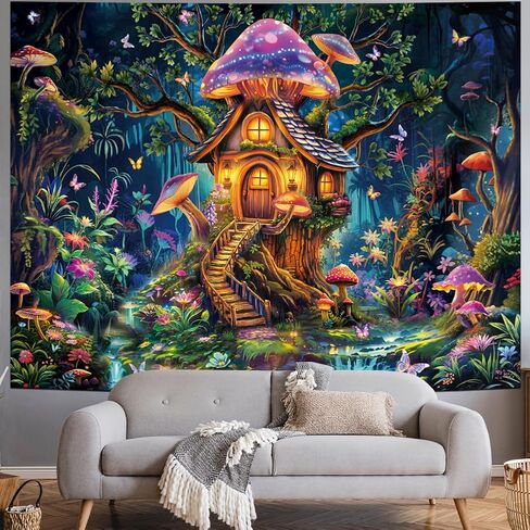 Serborlur Blacklight الفطر نسيج الأشعة فوق البنفسجية رد الفعل الخيال شجرة الغابات الجدار شنقا النيون الزهور النباتية المفروشات المناظر الطبيعية السحرية توهج في الظلام خلفية نسيج لغرفة النوم in Kuwait