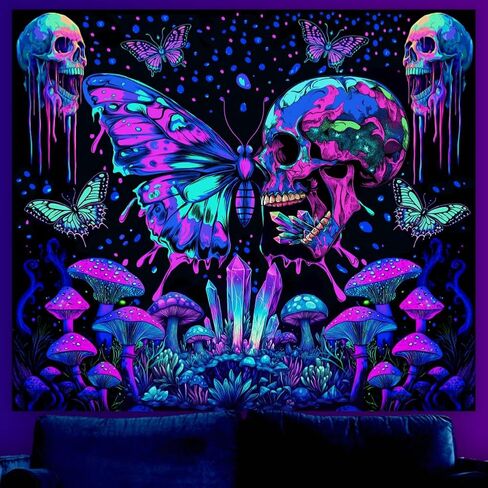 WEBEEDY Skull Glow in The Dark Tapestry Aesthetic Butterfly Mushroom Tapestries Halloween UV Reactive Cool Art Poster Colorful Large Wall Hanging for Bedroom Dorm Party Decor,59"X51"/150X130cm in Saudi Arabia