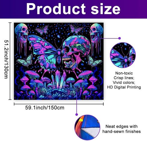 WEBEEDY Skull Glow in The Dark Tapestry Aesthetic Butterfly Mushroom Tapestries Halloween UV Reactive Cool Art Poster Colorful Large Wall Hanging for Bedroom Dorm Party Decor,59"X51"/150X130cm in Saudi Arabia