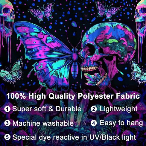 WEBEEDY Skull Glow in The Dark Tapestry Aesthetic Butterfly Mushroom Tapestries Halloween UV Reactive Cool Art Poster Colorful Large Wall Hanging for Bedroom Dorm Party Decor,59"X51"/150X130cm in Saudi Arabia