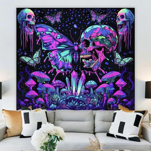 WEBEEDY Skull Glow in The Dark Tapestry Aesthetic Butterfly Mushroom Tapestries Halloween UV Reactive Cool Art Poster Colorful Large Wall Hanging for Bedroom Dorm Party Decor,59"X51"/150X130cm in Saudi Arabia