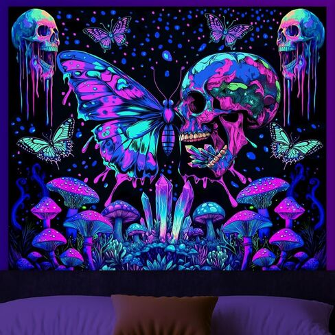 WEBEEDY Skull Glow in The Dark Tapestry Aesthetic Butterfly Mushroom Tapestries Halloween UV Reactive Cool Art Poster Colorful Large Wall Hanging for Bedroom Dorm Party Decor,59"X51"/150X130cm in Saudi Arabia