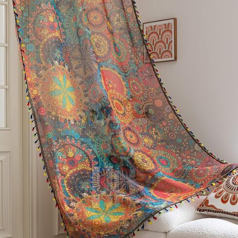 ستائر شفافة منقطة ملونة بطول 54 بوصة، حواف مهدبة وستائر شبه شفافة مزخرفة، معالجة نوافذ كبيرة لغرفة المعيشة/غرفة النوم، لوحتان in Kuwait