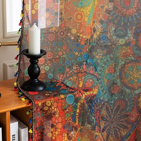 ستائر شفافة منقطة ملونة بطول 54 بوصة، حواف مهدبة وستائر شبه شفافة مزخرفة، معالجة نوافذ كبيرة لغرفة المعيشة/غرفة النوم، لوحتان in Kuwait