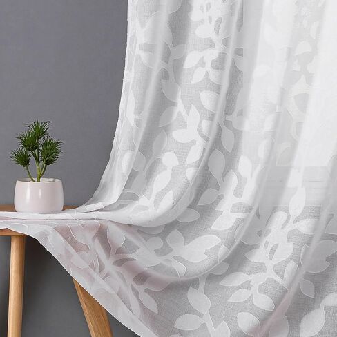 OVZME White Sheer Curtains 84 inches Long 2 Panels for Living Room, Jacquard Clip Leaf Pattern Textured Light Filtering Window Semi Sheer Voile Drapes for Bedroom, Each Panel 42 x 84 Inch in Kuwait