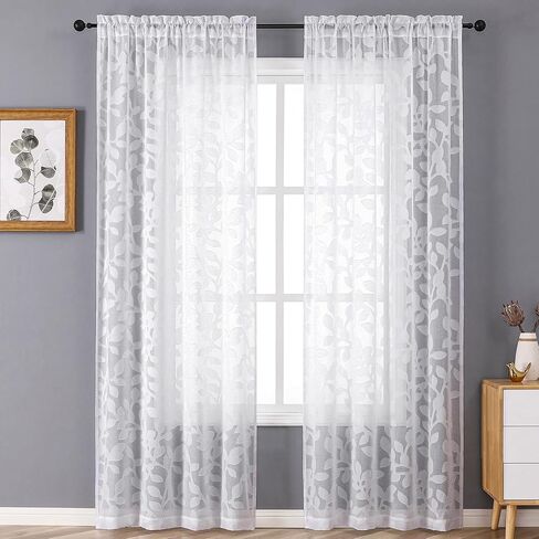 OVZME White Sheer Curtains 84 inches Long 2 Panels for Living Room, Jacquard Clip Leaf Pattern Textured Light Filtering Window Semi Sheer Voile Drapes for Bedroom, Each Panel 42 x 84 Inch in Kuwait