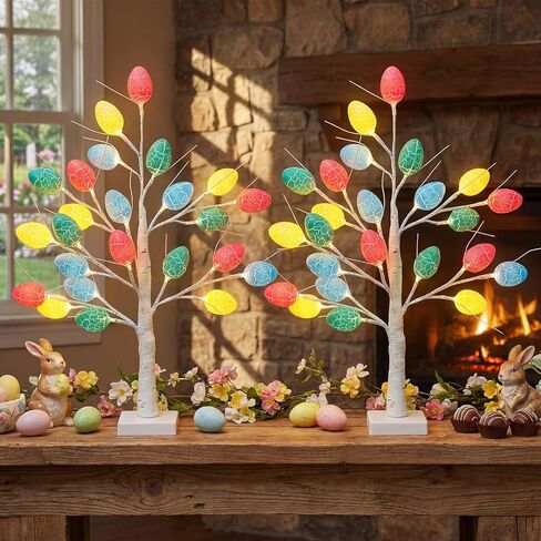VIHOSE 2 Set Easter Decoration Lighted 24 Inch Artificial Tree with Easter Eggs and Colorful LED Lights, Light up Tabletop Bonsai Tree for Home Table Holiday Spring Decor(Flower) in Saudi Arabia
