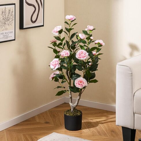 GOFLAME 3FT شجرة الكاميليا الاصطناعية، 2 حزمة نبات الكاميليا فو مع الزهور الوردية، جذع الخشب الصلب، الطحلب واقعية، شجرة الديكور بوعاء الخضرة للداخلية في الهواء الطلق المنزل الشرفة الباب الأمامي in Kuwait