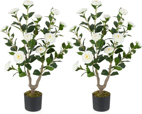 GOFLAME 3FT Artificial Camellia Tree, 2 Pack Faux Camellia Plant with Pink Flowers, Solid Wood Trunk, Realistic Moss, Greenery Potted Decoration Tree for Indoor Outdoor Home Porch Front Door in Kuwait