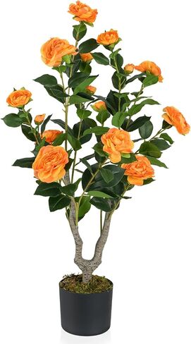 GOFLAME 3FT Artificial Camellia Tree, 2 Pack Faux Camellia Plant with Pink Flowers, Solid Wood Trunk, Realistic Moss, Greenery Potted Decoration Tree for Indoor Outdoor Home Porch Front Door in Saudi Arabia