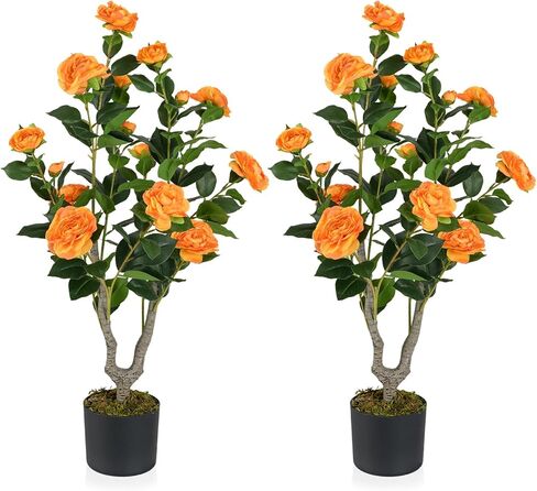GOFLAME 3FT شجرة الكاميليا الاصطناعية، 2 حزمة نبات الكاميليا فو مع الزهور الوردية، جذع الخشب الصلب، الطحلب واقعية، شجرة الديكور بوعاء الخضرة للداخلية في الهواء الطلق المنزل الشرفة الباب الأمامي in Kuwait