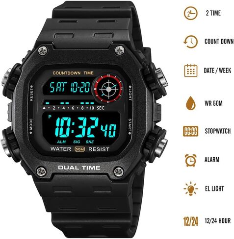 Mens Digital Watch Men Waterproof Watches for Men Dual Time Watch with Date Alarm Chronograph Sports Watch Teenage Boys, All Black, M142.H in Kuwait