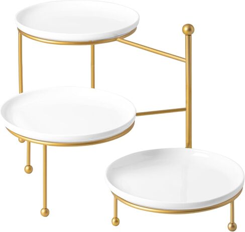 Kanwone 3 Tiered Serving Stand with White Porcelain Plates, Tiered Tray Stand, 10" x 10" Tier Serving Trays with Black Metal Stand for Entertaining, 3 Tier Cupcake Stand, Dessert Stand in Saudi Arabia