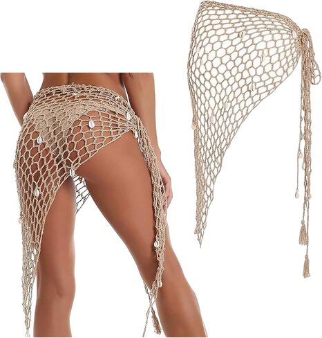 أغطية سارونج للنساء، تنورة حورية البحر مع تفاصيل كروشيه، لفافة شاطئ خفيفة الوزن من شبكة صيد السمك لملابس السباحة، إكسسوار صيفي بنمط بوهو، قطعة واحدة in Kuwait