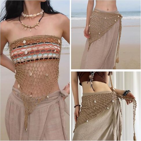 أغطية سارونج للنساء، تنورة حورية البحر مع تفاصيل كروشيه، لفافة شاطئ خفيفة الوزن من شبكة صيد السمك لملابس السباحة، إكسسوار صيفي بنمط بوهو، قطعة واحدة in Kuwait