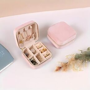 1pc Classic Velvet Jewelry Organizer Box with Mirror, Double-Layer Fabric Storage for Rings, Earrings, Necklaces - Tabletop Rectangle Shape, Zipper Closure - Pink in Kuwait